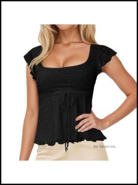 Square Neck Cap Sleeve Peplum Top Lace Up Ruffle Hem Tee